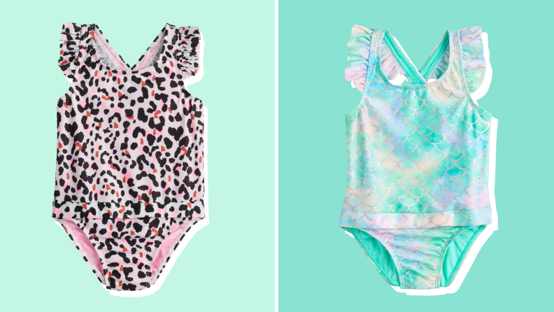 Two colorful printed one-piece swimsuits against a green background.
