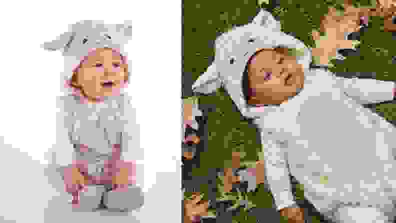 Two infants wear lamb Halloween costumes.