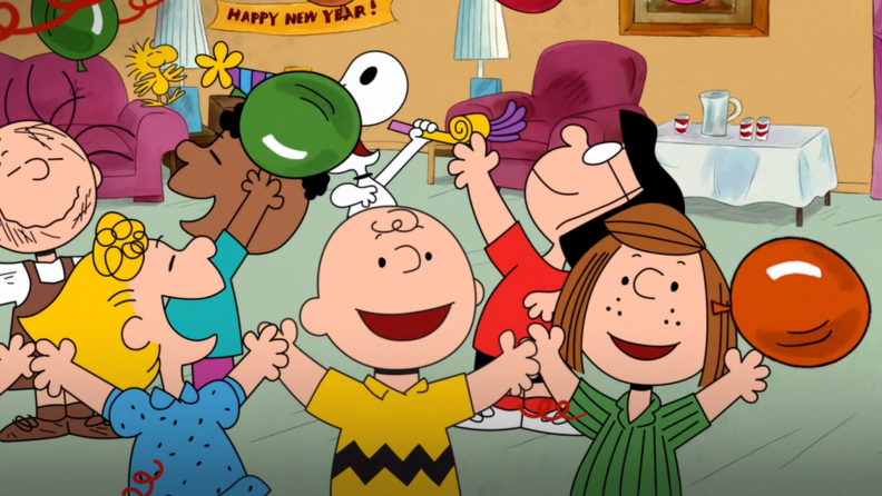 Animated children's cartoon characters celebrating New Year's Eve.