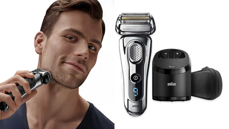 A person shaves their beard with an electric razor.