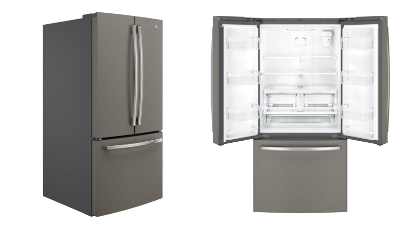 Two images of the same fridge, one with doors closed and the other with top doors open.