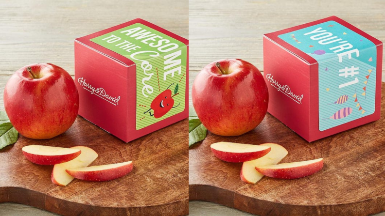 On left, red and green box that reads "awesome to the core," next to red apple slices and red whole apple. On right, red and blue box that reads "awesome to the core,"you're number one," next to red apple slices and red whole apple.