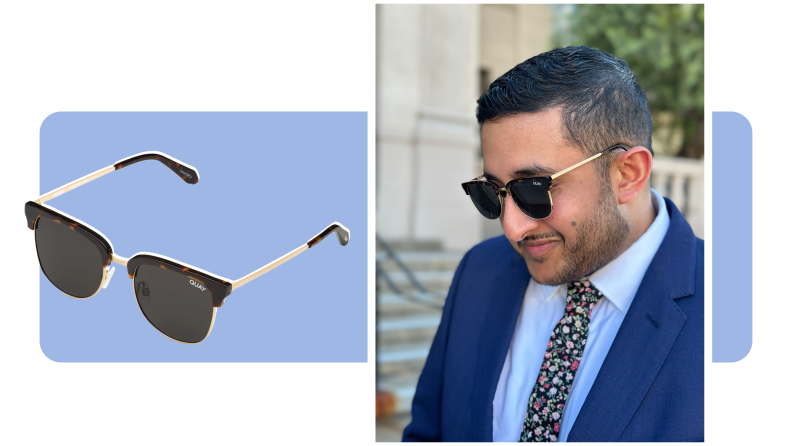 A product shot of a pair of tortoise shell glasses and another shot of the sunglasses on the author.