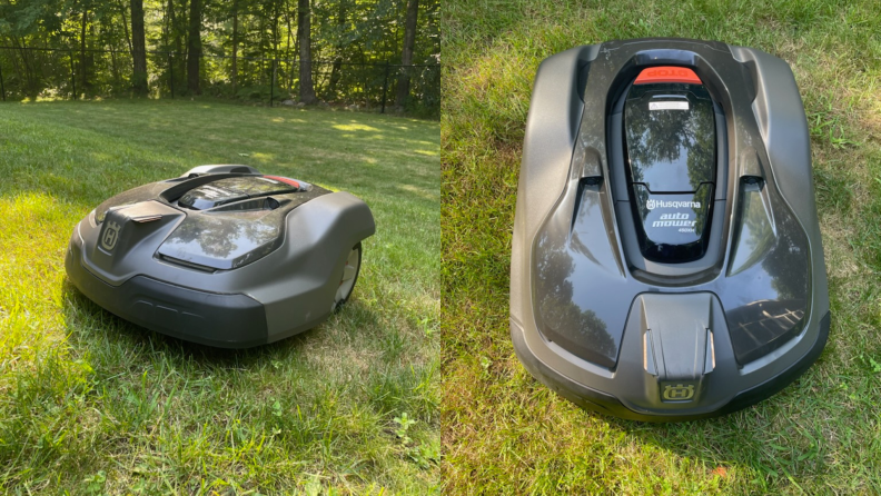 Front and side shots of the Automower 450XH EPOS robot lawn mower outdoors on a sunny day.