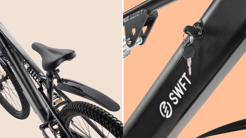 Side-by-side view of the comfortable seat of the SWFT Apex ebike and the bicycle fork.