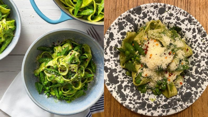 Left: A top-down photo of two bowls of pasta with pesto, accompanied by a serving bowl filled with more of the same. Right: A top-down photo of a black and white speckled bowl filled with pasta with pesto, peas, and topped with parmesan.