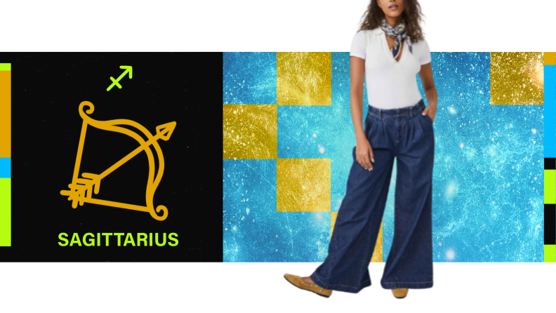 On the left is the symbol for Sagittarius, and on the right is a model wearing oversized wide-leg jeans and a white t-shirt.