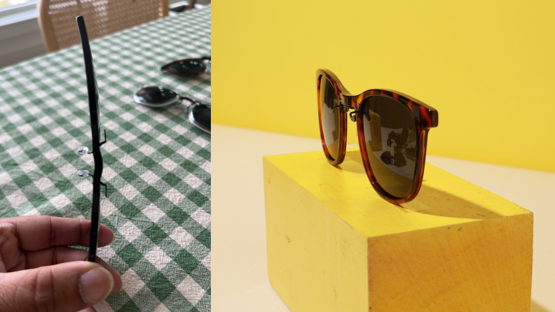 An above-view of FlyFrames glasses, where you can see the spring-mechanism. On the right is a detail photograph of a pair of sunglasses against a yellow background.