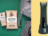 Three products from Dr. Squatch’s ball care line, next to the electric trimmer.