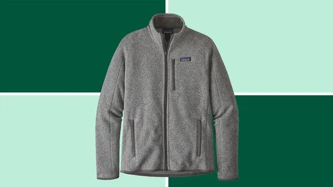 Patagonia Better Sweater Fleece Jacket on a dark and light green background.