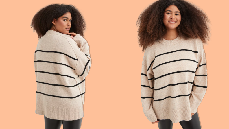 A front and back view of a woman wearing the Aerie Unreal Sweater.