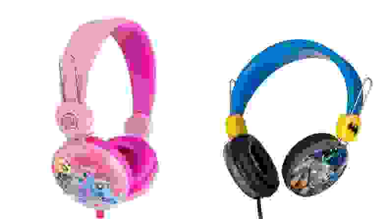 Two sets of Sakar headphones, one in pink and one in blue.
