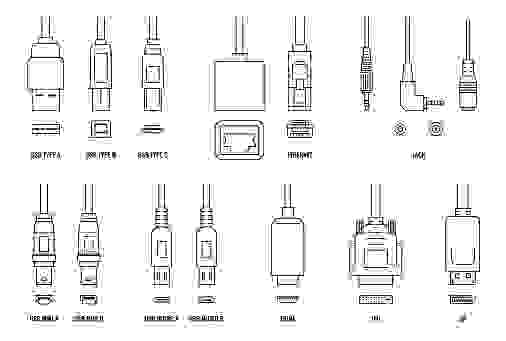 USB, HDMI, ethernet and other cable and port icon set isolated on white background. Line icons of connection plugs and sockets - flat vector illustration.