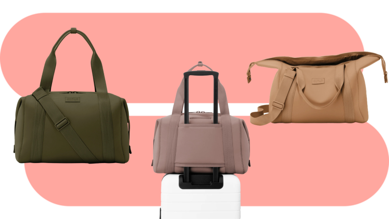 Three Dagne Dover Landon Carryalls against a pink background. The bags are green, mauve, and orange.