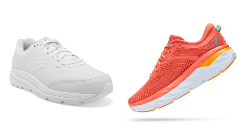 Two pairs of walking shoes from Brooks and Hoka One One.
