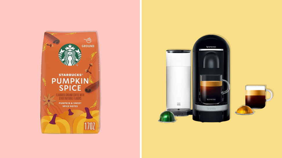 Starbucks Pumpkin Spice coffee on a pink background, Nespresso VertuoPlus espresso machine on a yellow background.