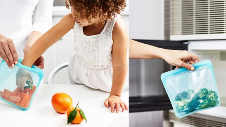 Two images of the same silicone storage bag; in the first the bag is being used by a child, in the second it holds broccoli.