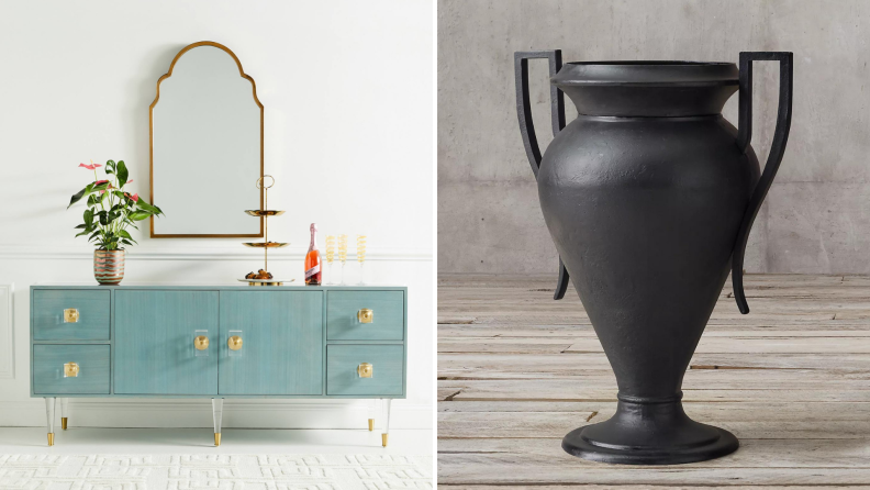 (left) A light blue sideboard from Anthropologie in a white room. (right) A black Restoration Hardware urn.