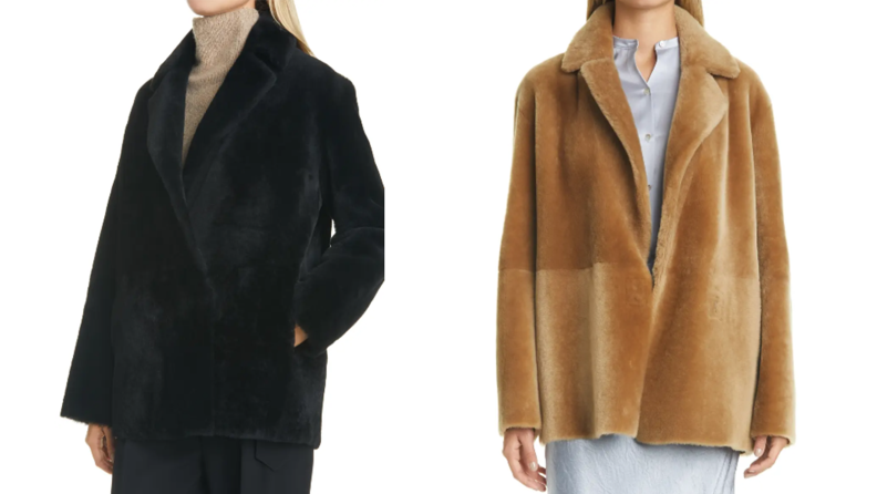 A fluffy shearling jacket in black and brown