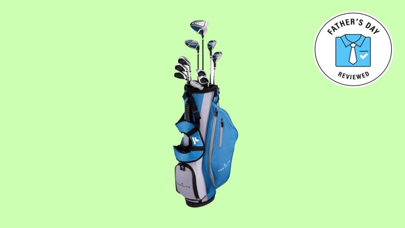 blue golf bag and clubs