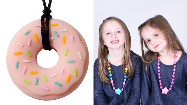 Left: A plastic doughnut necklace; right: two children wear star necklaces.