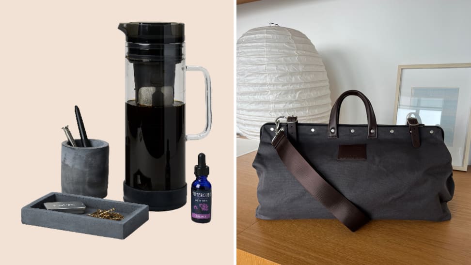 Product shot of a coffee maker, jar of bitters, and a desk set -- on the right is a photograph of a canvas weekender bag.