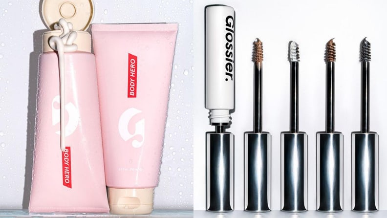 Two images of cosmetics against a white background, Glossier Body Hero and Glossier: Boy Brow.