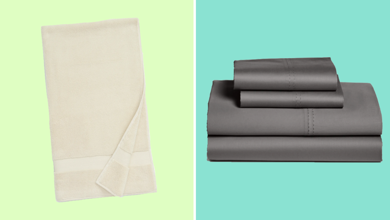 A beige folded towel against a light green background on the left. A set of olive sheets against a teal background on the right.