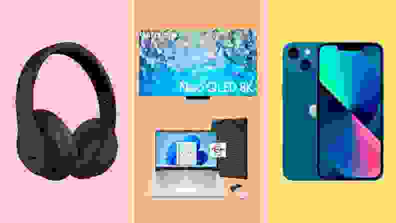 A pair of headphones on the left against a pink background. A Samsung TV above an HP laptop against a peach background in the middle. A blue iPhone 13 against a yellow background on the right.