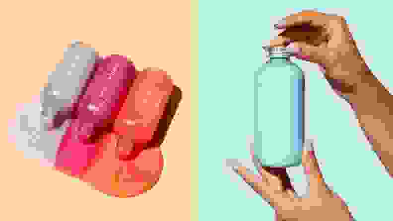 Left: Shampoo bottles oozing liquid; Right: Person holding Function of Beauty bottle