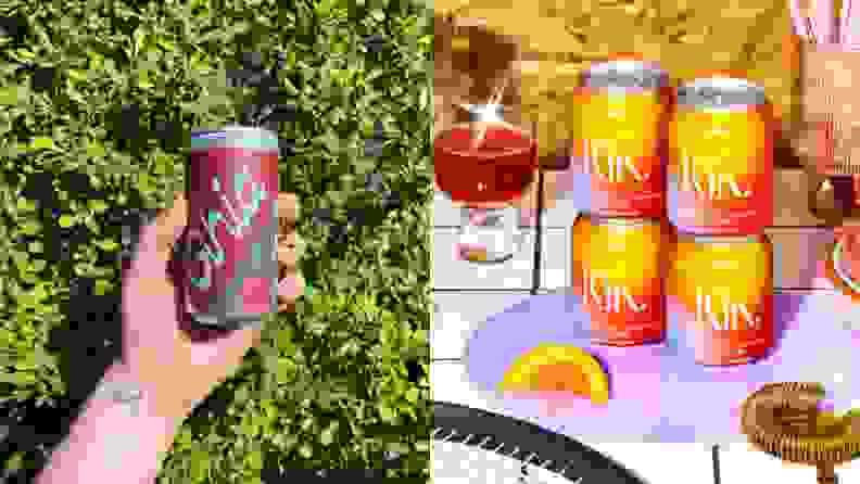 Left: A hand holding a can of Ghia Le Spritz against a green bush. Right: Four cans of Kin Spritz stacked on top of each other, arranged on top of an iridescent tray and surrounded by colorful drinks and bar tools.