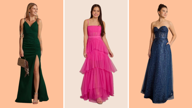 Three gowns, one is green with a leg slit, one is pink with tiers, and a strapless blue lace gown.