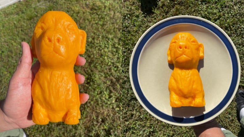 A hand grabbing a cheddar cheese dog carving purchased by Whisps, that same cheese carving lying on a plate outdoors.