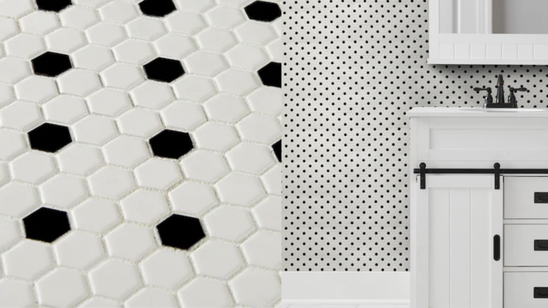 On the left, a close-up of black and white tile. On the right, that same tile installed on a bathroom wall.