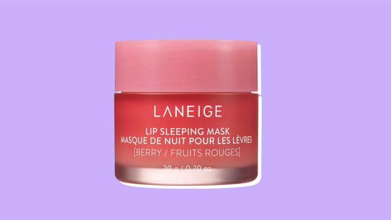 Laneige Lip Sleeping Mask on a purple background.