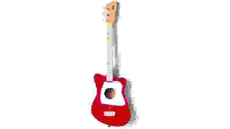 Red and white wooden miniature guitar