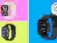 Three Apple Watches on colored backgrounds