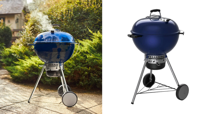 Two images of the same blue charcoal grill, once outside and once on a white background.