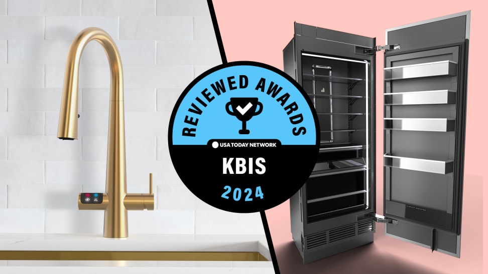 Split image of the Zip Water HydroTap Celsius Plus All-in-one with Pull-down Sprayer and Zip Reel in gold and an opened JennAir refrigerator in dark gray with a circular logo at the center reading Reviewed Awards KBIS 2024.