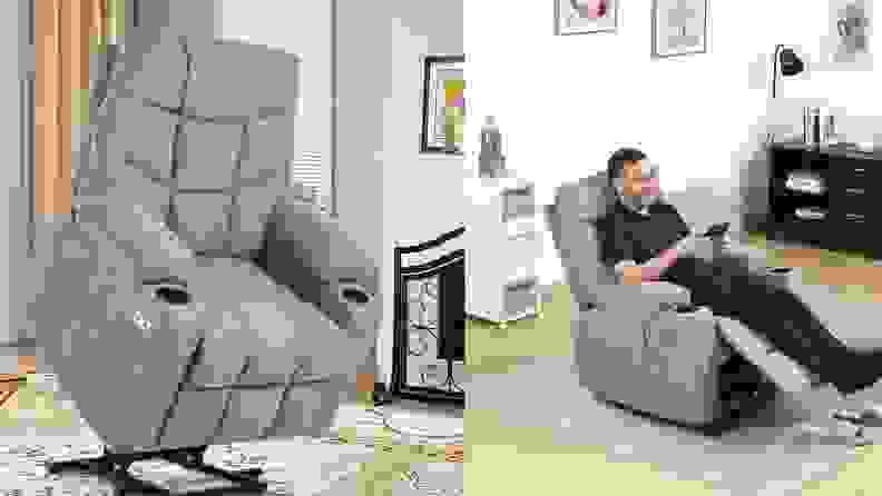 The Yitahome recliner in a side-by-side image. Shows the chair by itself and another image with a man reclining in the seat