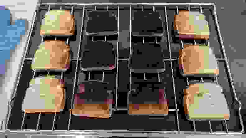 Twelve pieces of toast that were tested in the Frigidaire Gallery stove broil setting.