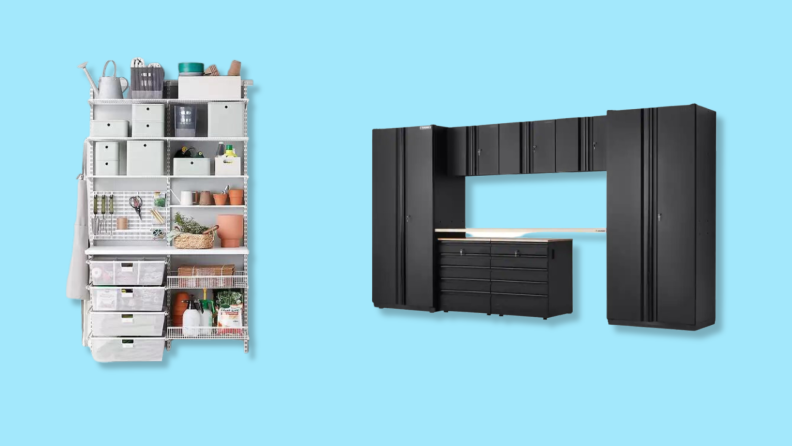 A garden storage system and a black storage system against a blue background.