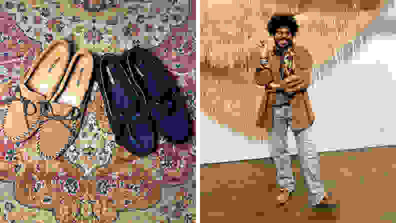 A man wearing brown moccasins with jeans and a suede jacket, also a photograph of two pairs of shoes on a rug.