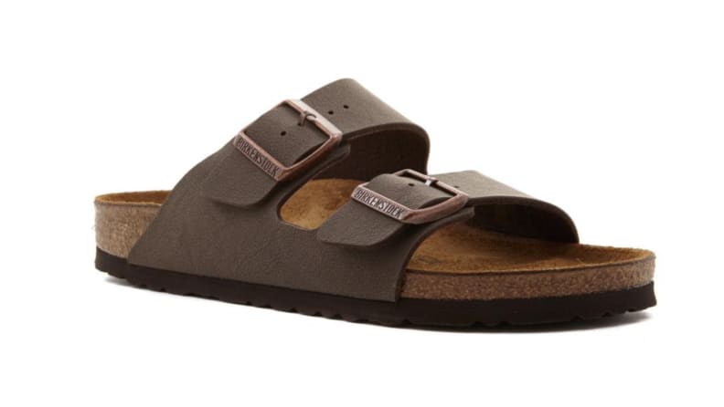 An image of a single Birkenstock two-strap sandal in muted brown.