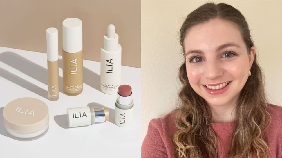 A grouping of Ilia Beauty products and the author after applying the Ilia makeup.