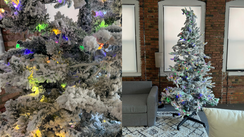 On the left, a close-up of a flocked Christmas tree. And on the right, a full view of the Christmas tree stand.