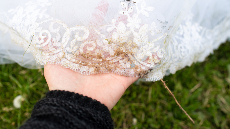 If you’ve stained a silk or wool item—like dirt on the hem of a dress— treat it with cool water by soaking it for up to 30 minutes, and then hand washing it.