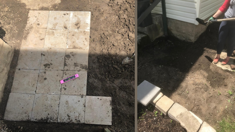 Side by side of beginning of patio process.