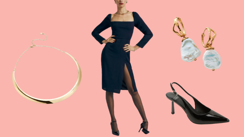 A gold choker-style necklace, a model wearing a navy dress with a thigh slit, a pair of pearl earrings, and a black slingback shoe.