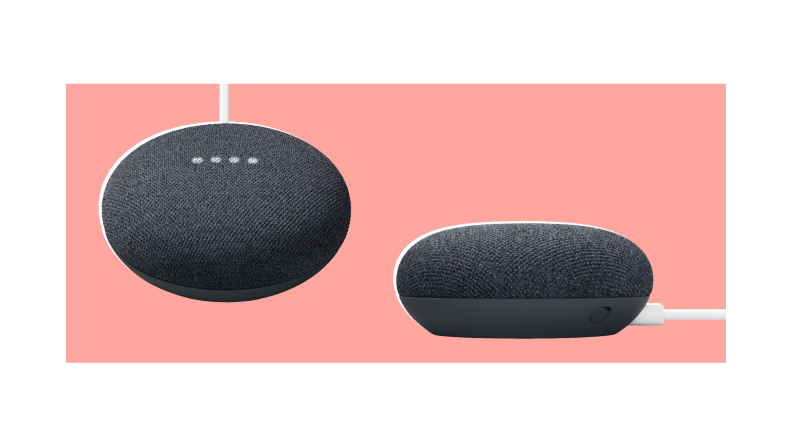 A Google Nest Mini smart speaker on a colorful background